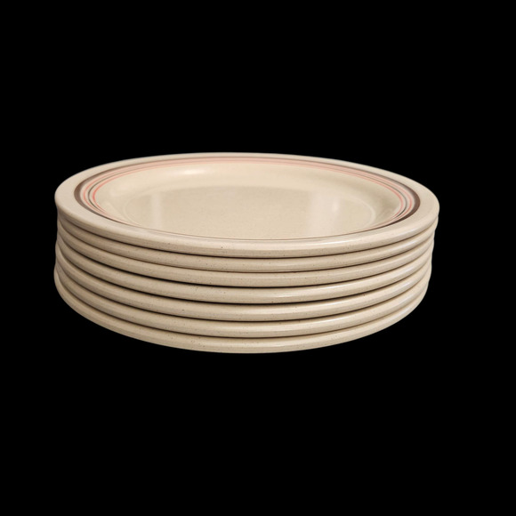 Vintage Set of 7 - Prolon Melamine Dinner Plates - Beige with Brown Red Stripes - Picture 1 of 4